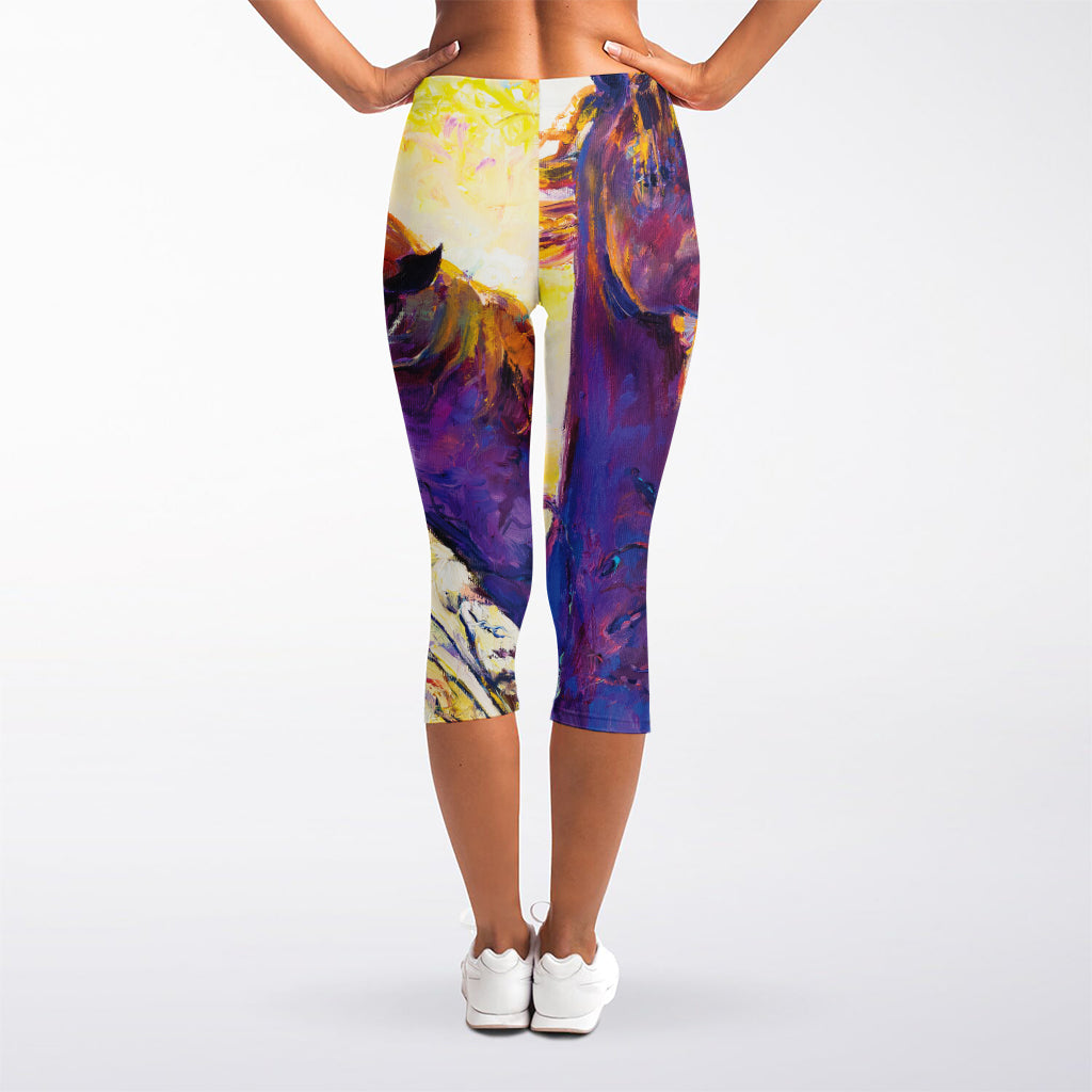 Couple Horses Portrait Print Women's Capri Leggings