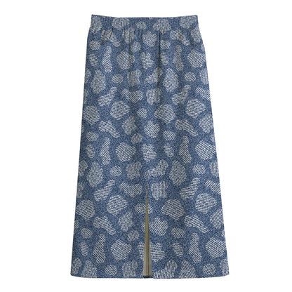 Cow Denim Jeans Pattern Print Cotton Front Slit Maxi Skirt
