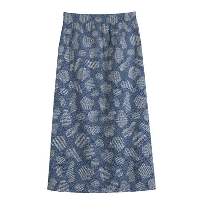 Cow Denim Jeans Pattern Print Cotton Front Slit Maxi Skirt