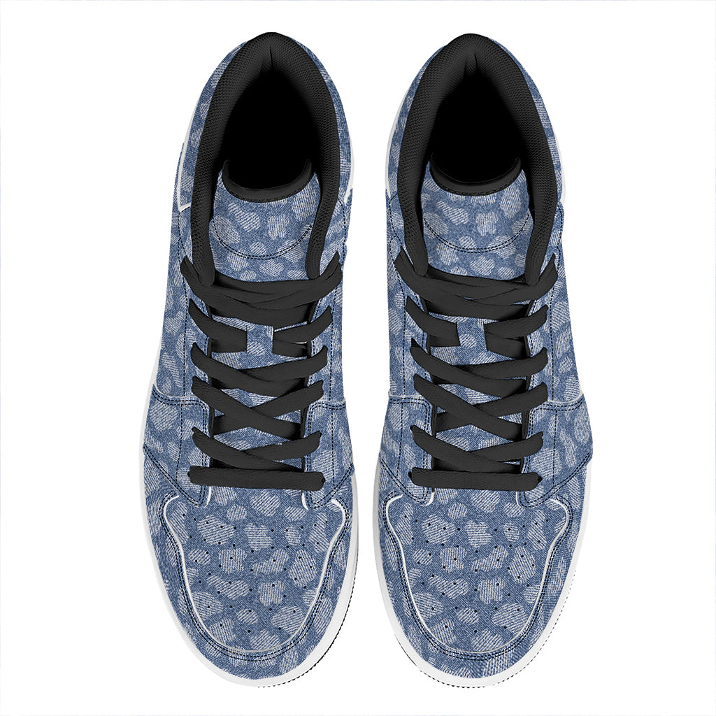 Cow Denim Jeans Pattern Print High Top Leather Sneakers