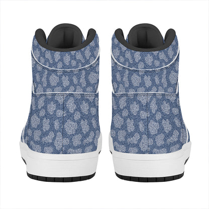 Cow Denim Jeans Pattern Print High Top Leather Sneakers