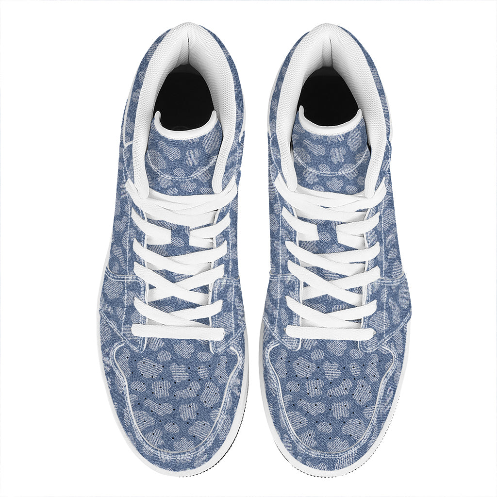 Cow Denim Jeans Pattern Print High Top Leather Sneakers
