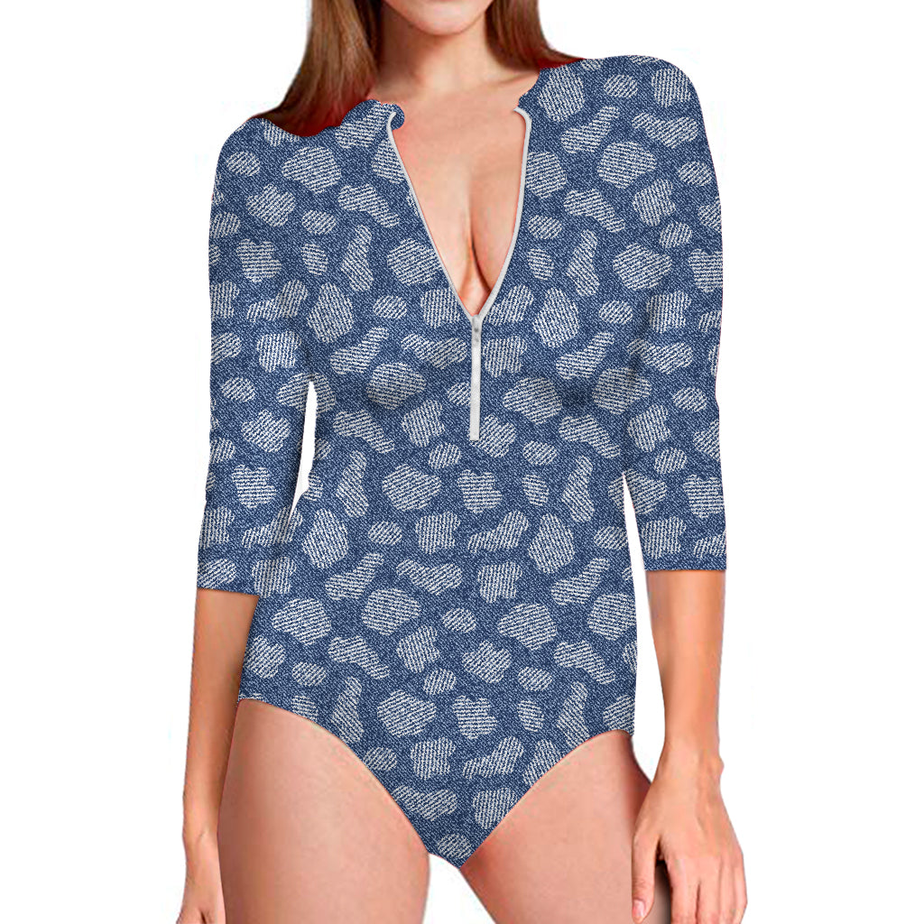 Cow Denim Jeans Pattern Print Long Sleeve Swimsuit