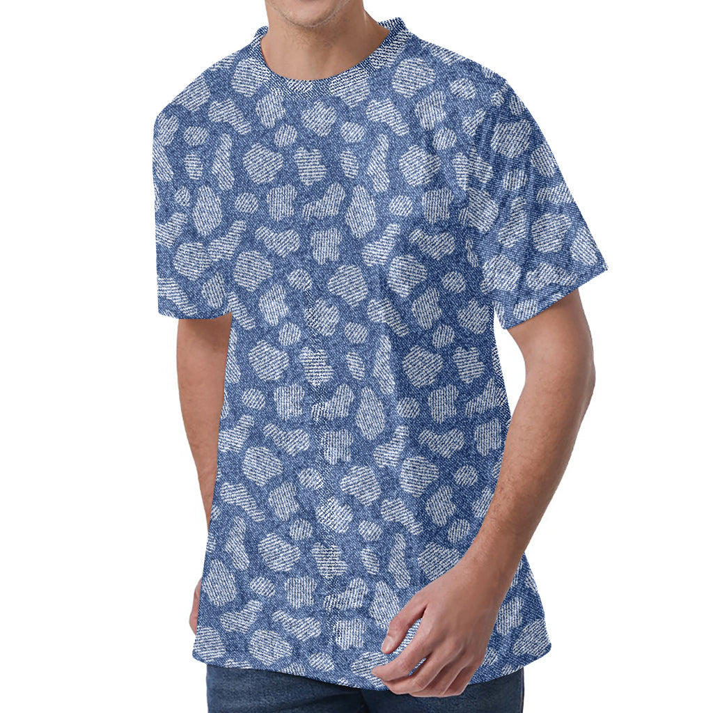 Cow Denim Jeans Pattern Print Men's Velvet T-Shirt