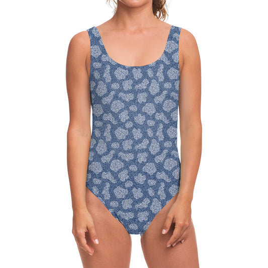 Cow Denim Jeans Pattern Print One Piece Swimsuit