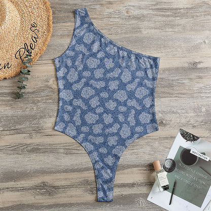 Cow Denim Jeans Pattern Print One Shoulder Bodysuit