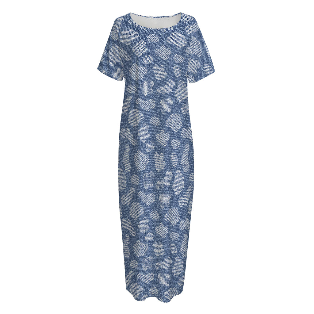 Cow Denim Jeans Pattern Print Short Sleeve Long Nightdress