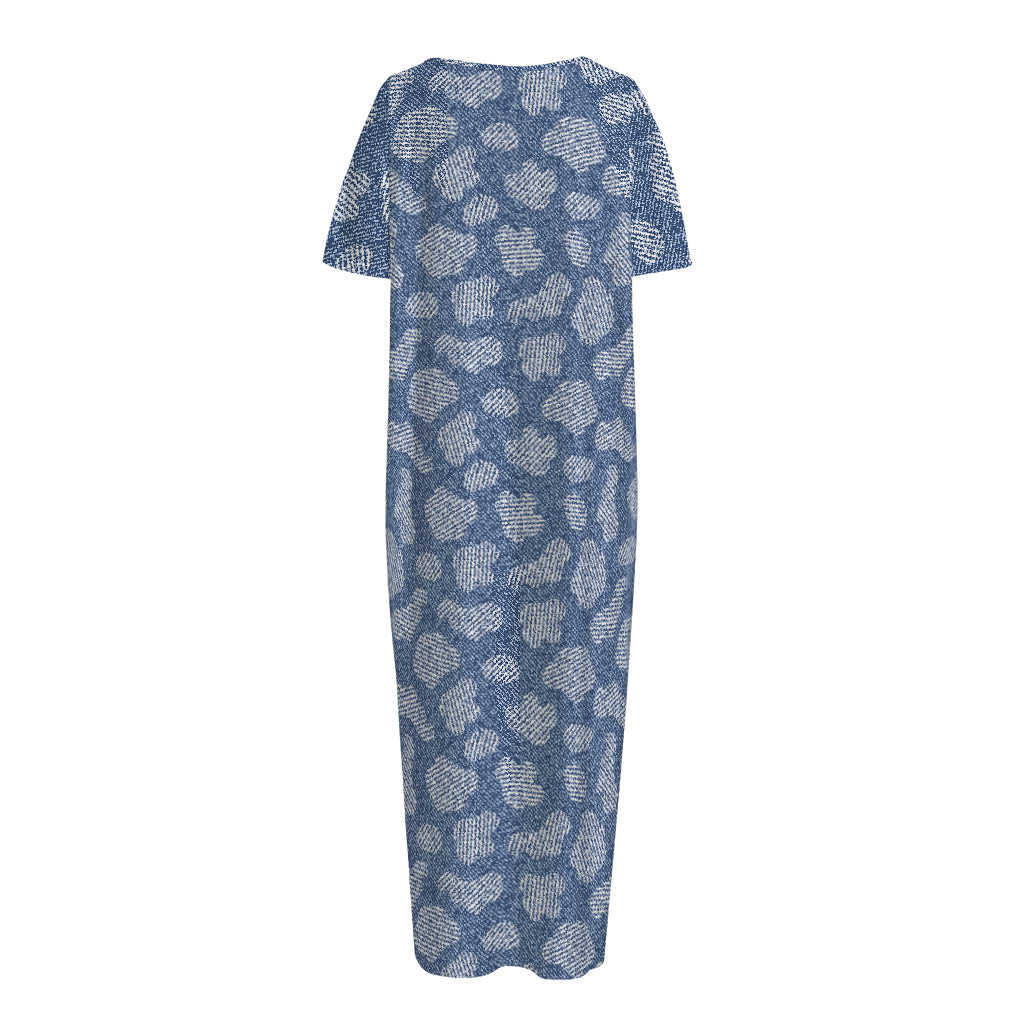 Cow Denim Jeans Pattern Print Short Sleeve Long Nightdress