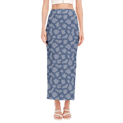 Cow Denim Jeans Pattern Print Side Slit Maxi Skirt