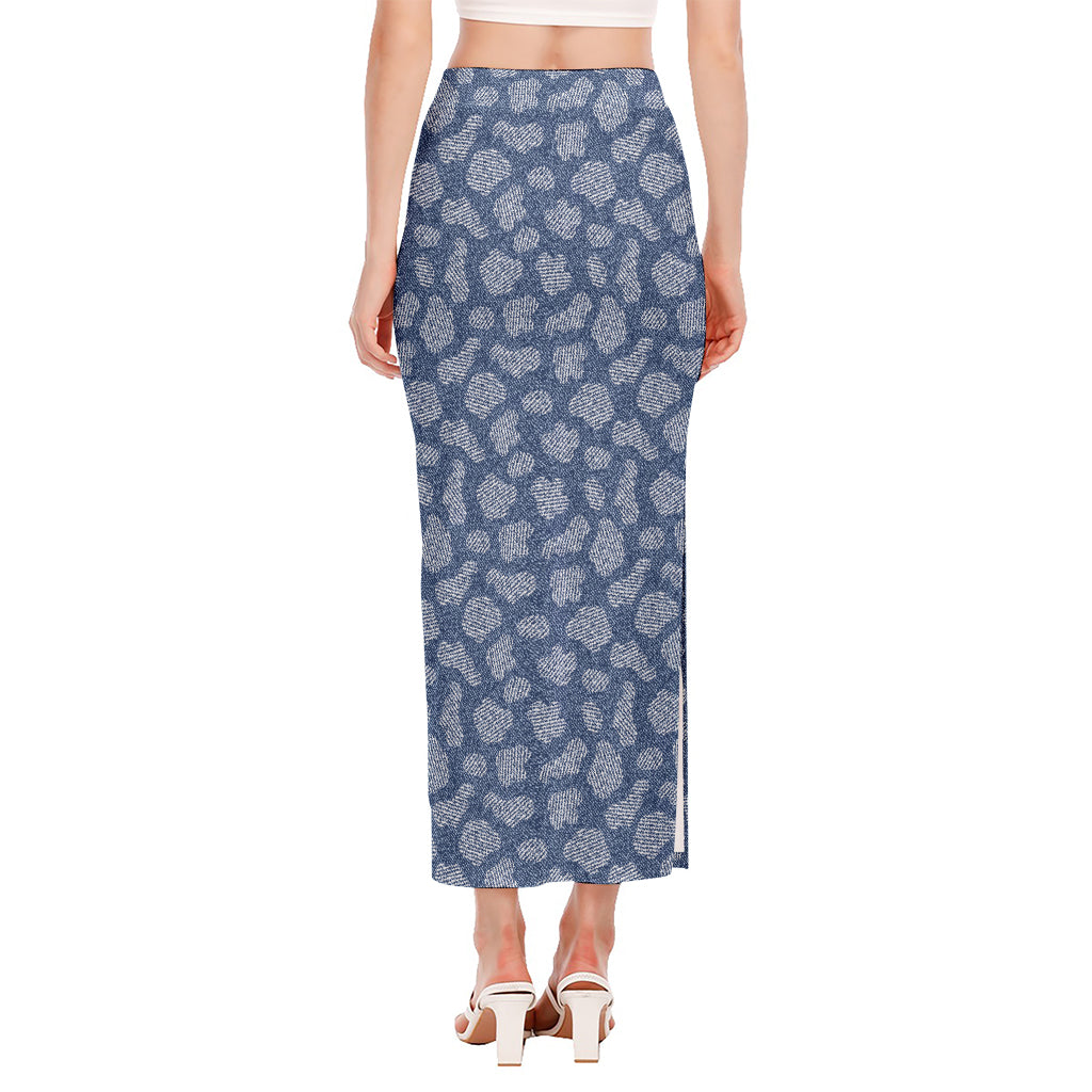 Cow Denim Jeans Pattern Print Side Slit Maxi Skirt