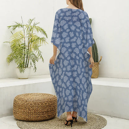 Cow Denim Jeans Pattern Print Silk V-Neck Kaftan Dress
