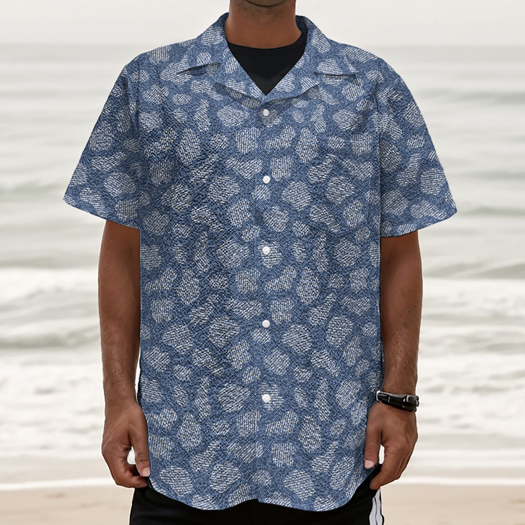 Cow Denim Jeans Pattern Print Textured Short Sleeve Shirt