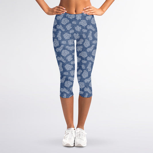 Cow Denim Jeans Pattern Print Women's Capri Leggings