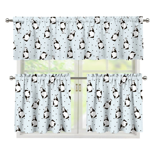 Cow Milk Bottle Pattern Print 3 Piece Kitchen Curtains