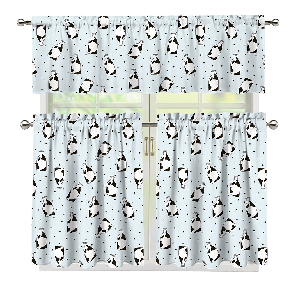 Cow Milk Bottle Pattern Print 3 Piece Kitchen Curtains