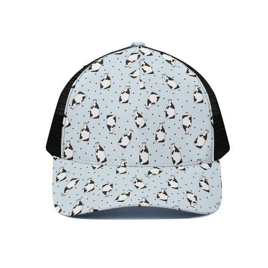 Cow Milk Bottle Pattern Print Black Mesh Trucker Cap