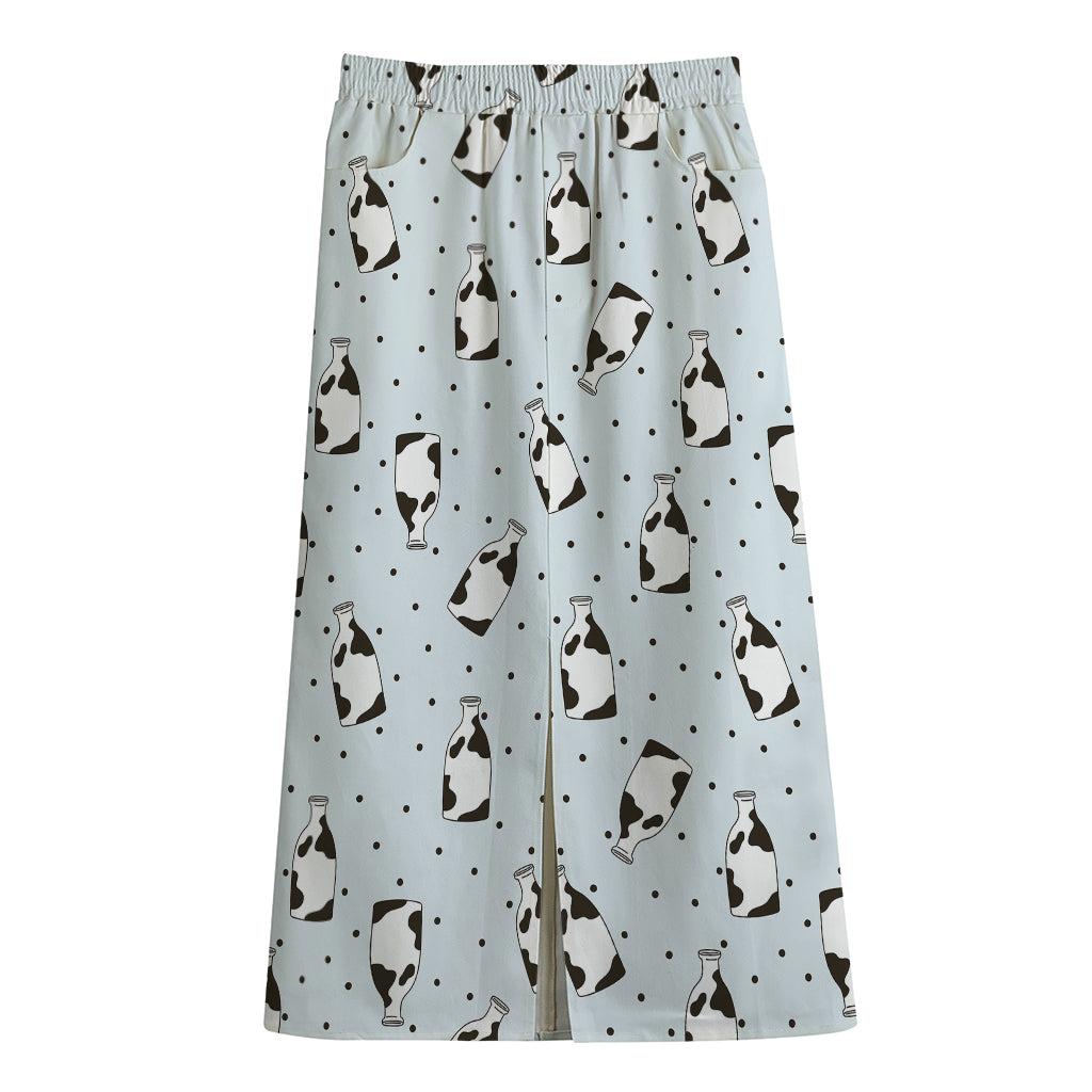 Cow Milk Bottle Pattern Print Cotton Front Slit Maxi Skirt
