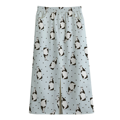 Cow Milk Bottle Pattern Print Cotton Front Slit Maxi Skirt