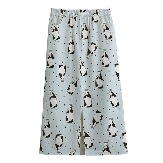 Cow Milk Bottle Pattern Print Cotton Front Slit Maxi Skirt