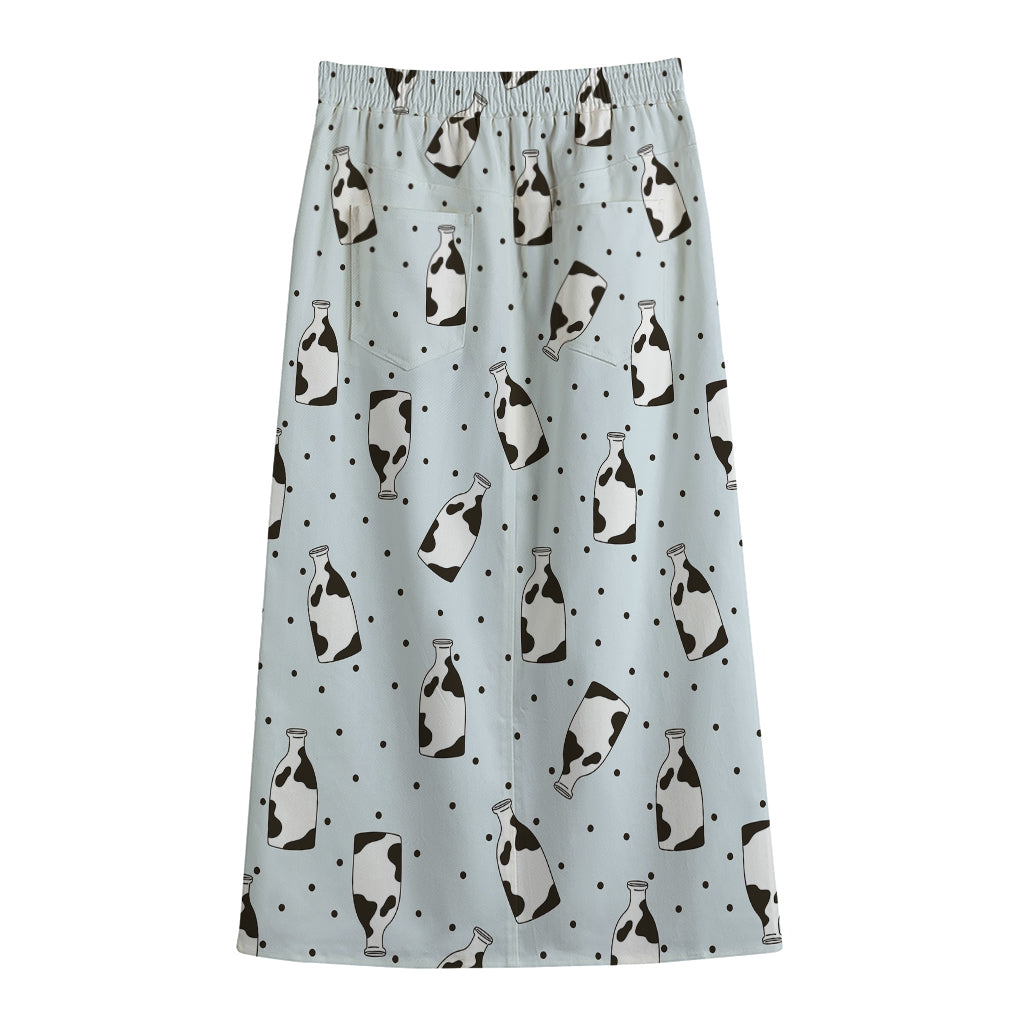 Cow Milk Bottle Pattern Print Cotton Front Slit Maxi Skirt