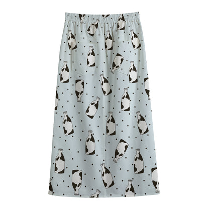Cow Milk Bottle Pattern Print Cotton Front Slit Maxi Skirt