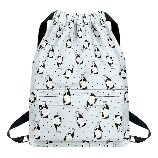Cow Milk Bottle Pattern Print Drawstring Backpack