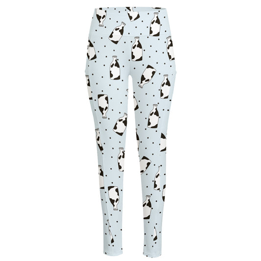 Cow Milk Bottle Pattern Print High-Waisted Pocket Leggings