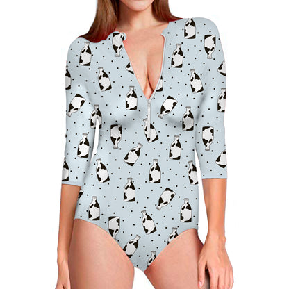 Cow Milk Bottle Pattern Print Long Sleeve Swimsuit
