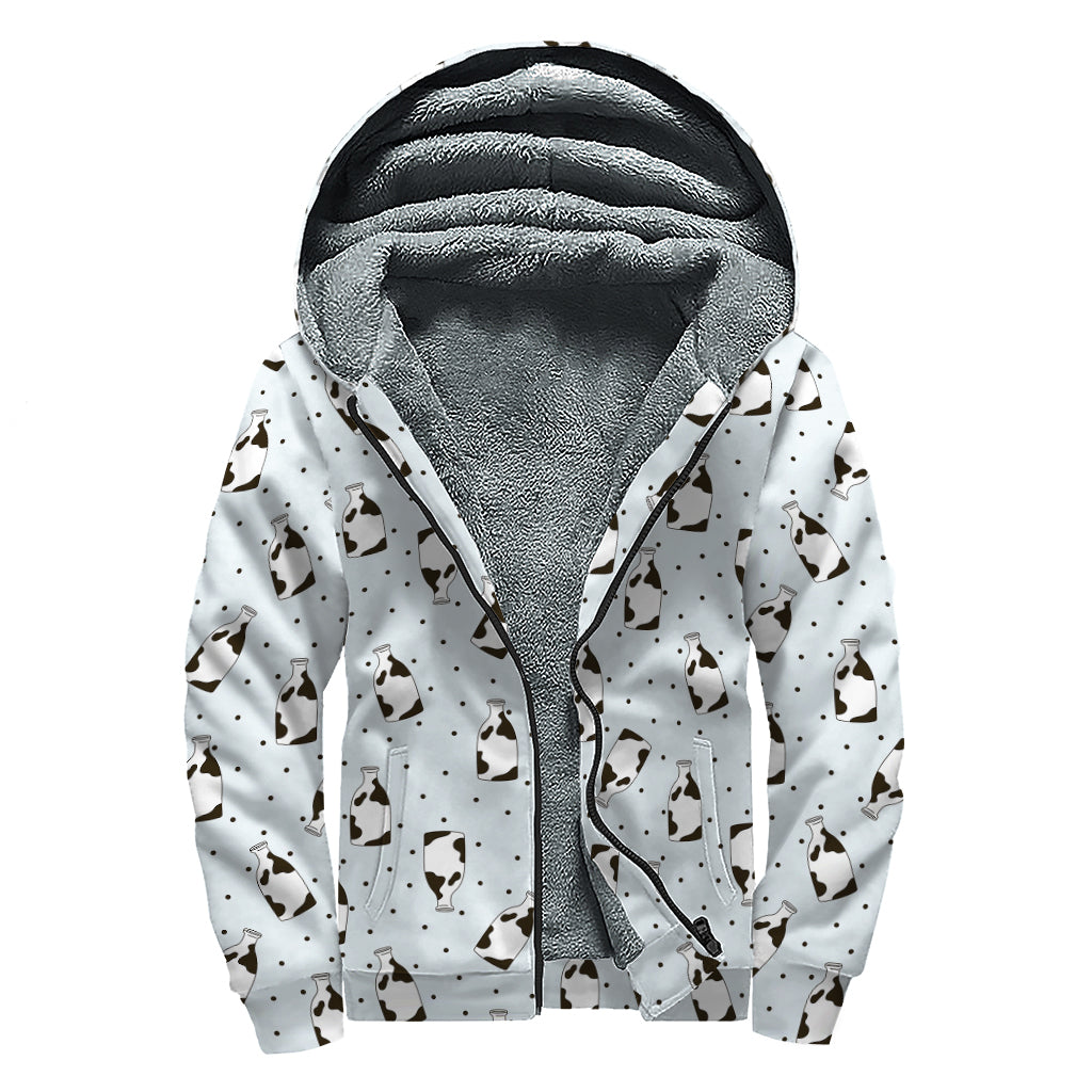Cow Milk Bottle Pattern Print Sherpa Lined Zip Up Hoodie