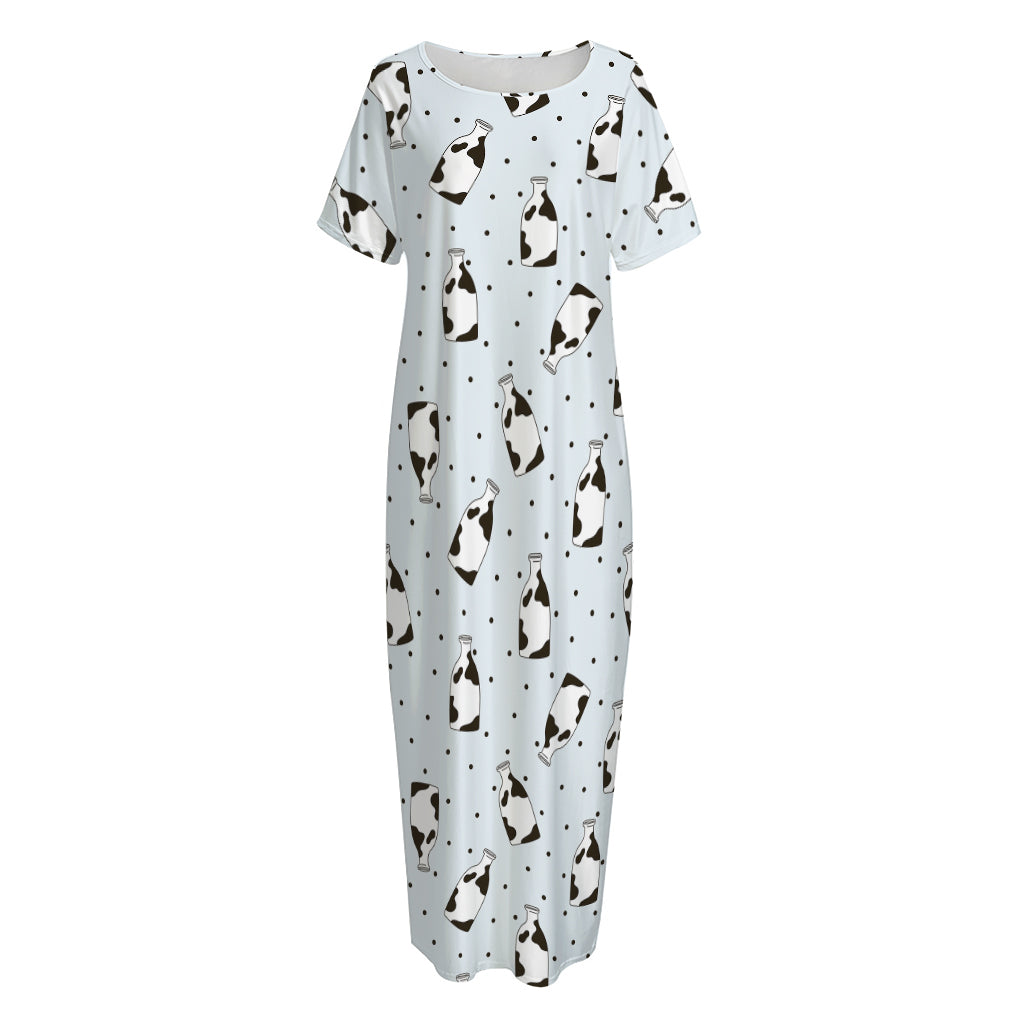 Cow Milk Bottle Pattern Print Short Sleeve Long Nightdress