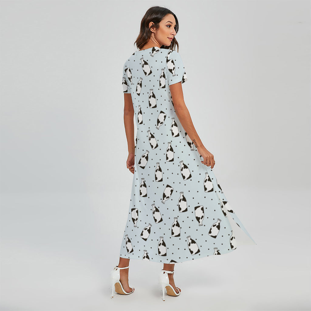Cow Milk Bottle Pattern Print Short Sleeve Maxi Dress