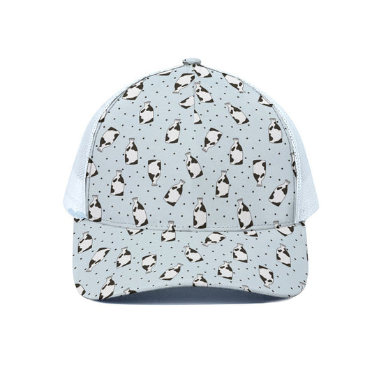 Cow Milk Bottle Pattern Print White Mesh Trucker Cap