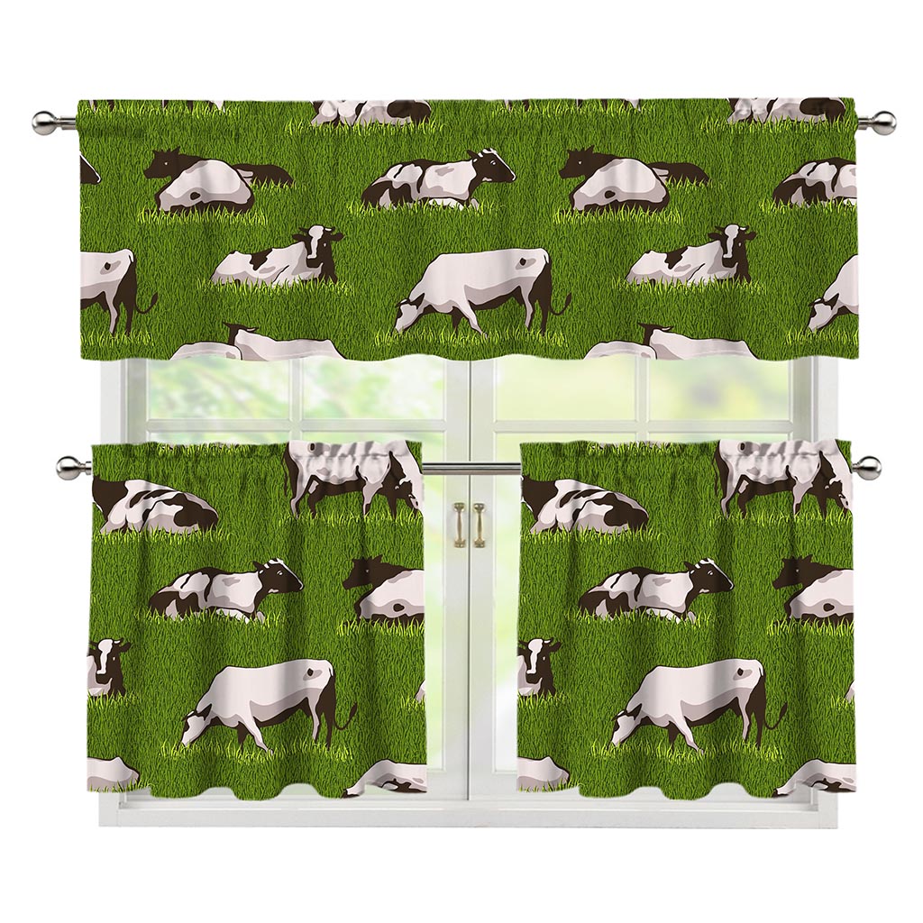 Cow On Green Grass Pattern Print 3 Piece Kitchen Curtains