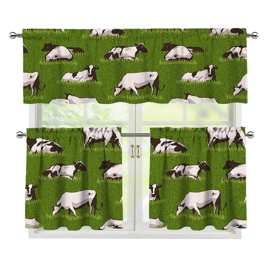 Cow On Green Grass Pattern Print 3 Piece Kitchen Curtains