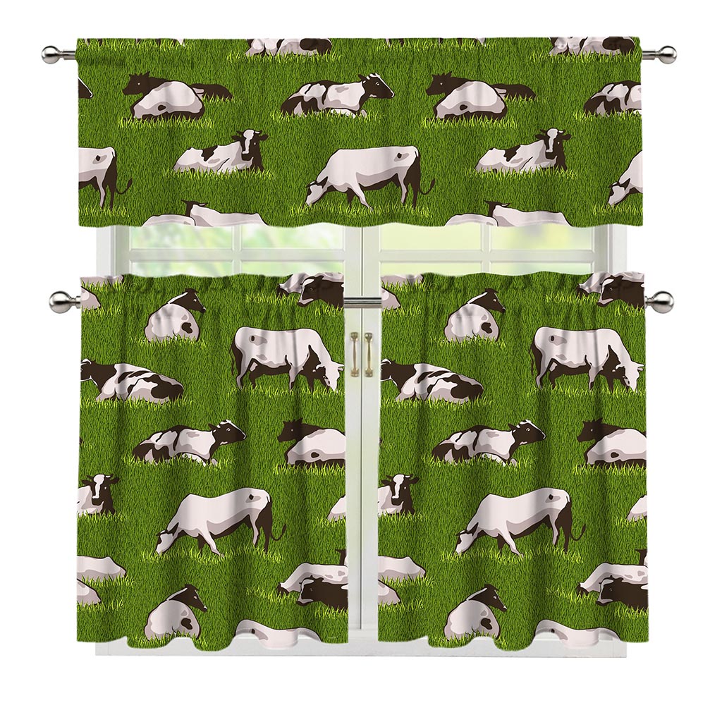 Cow On Green Grass Pattern Print 3 Piece Kitchen Curtains