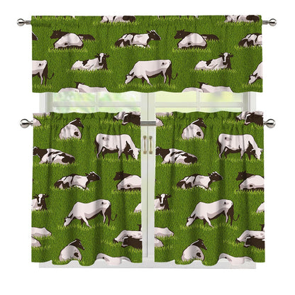 Cow On Green Grass Pattern Print 3 Piece Kitchen Curtains