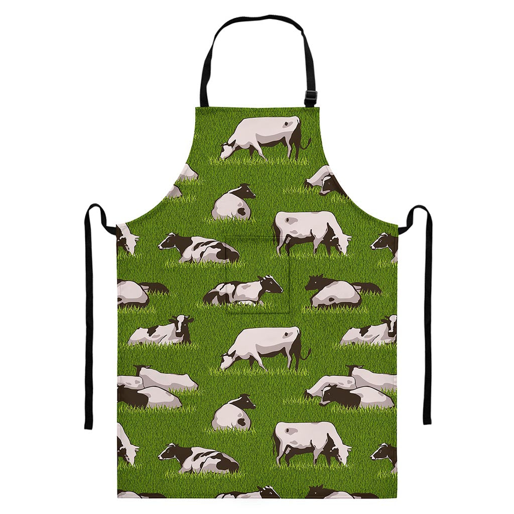 Cow On Green Grass Pattern Print Bib Apron With Pocket