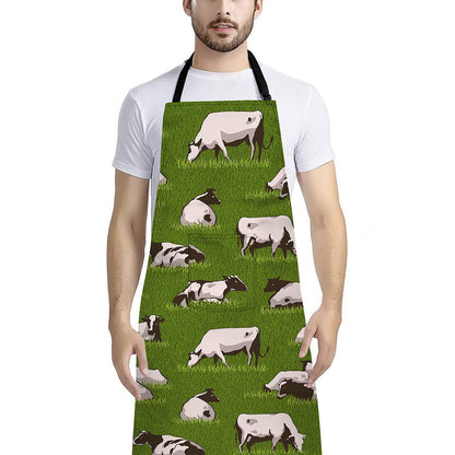 Cow On Green Grass Pattern Print Bib Apron With Pocket