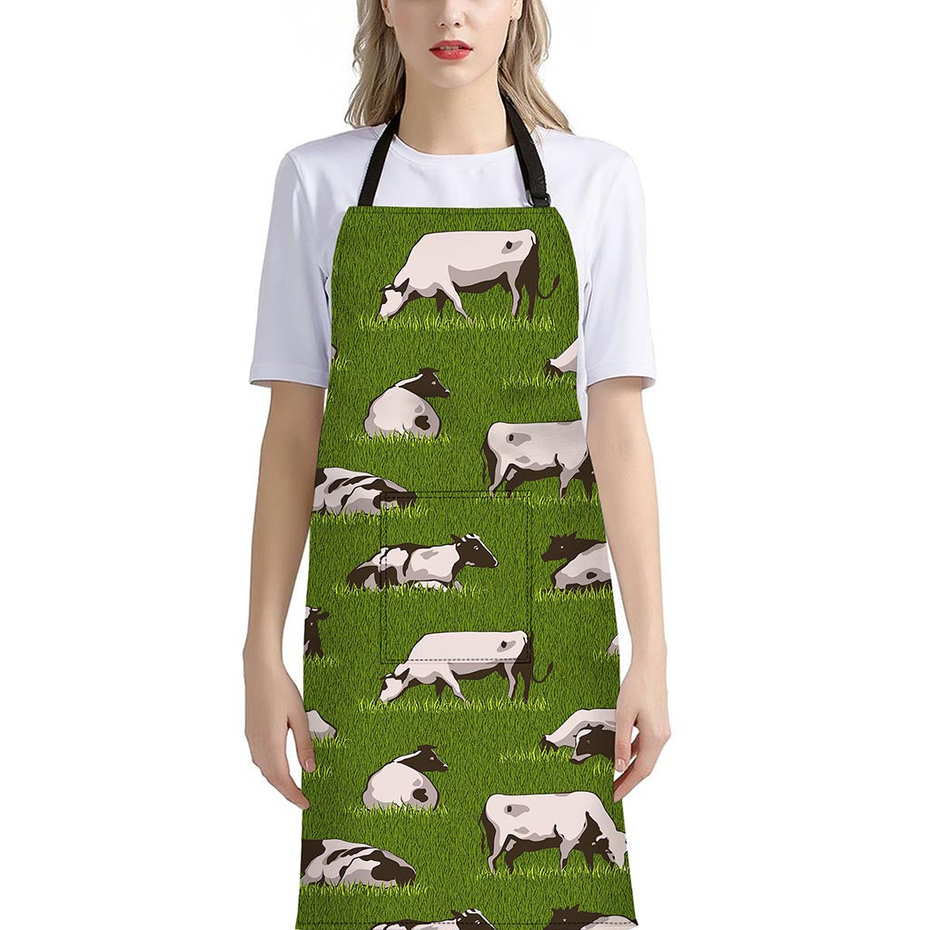 Cow On Green Grass Pattern Print Bib Apron With Pocket