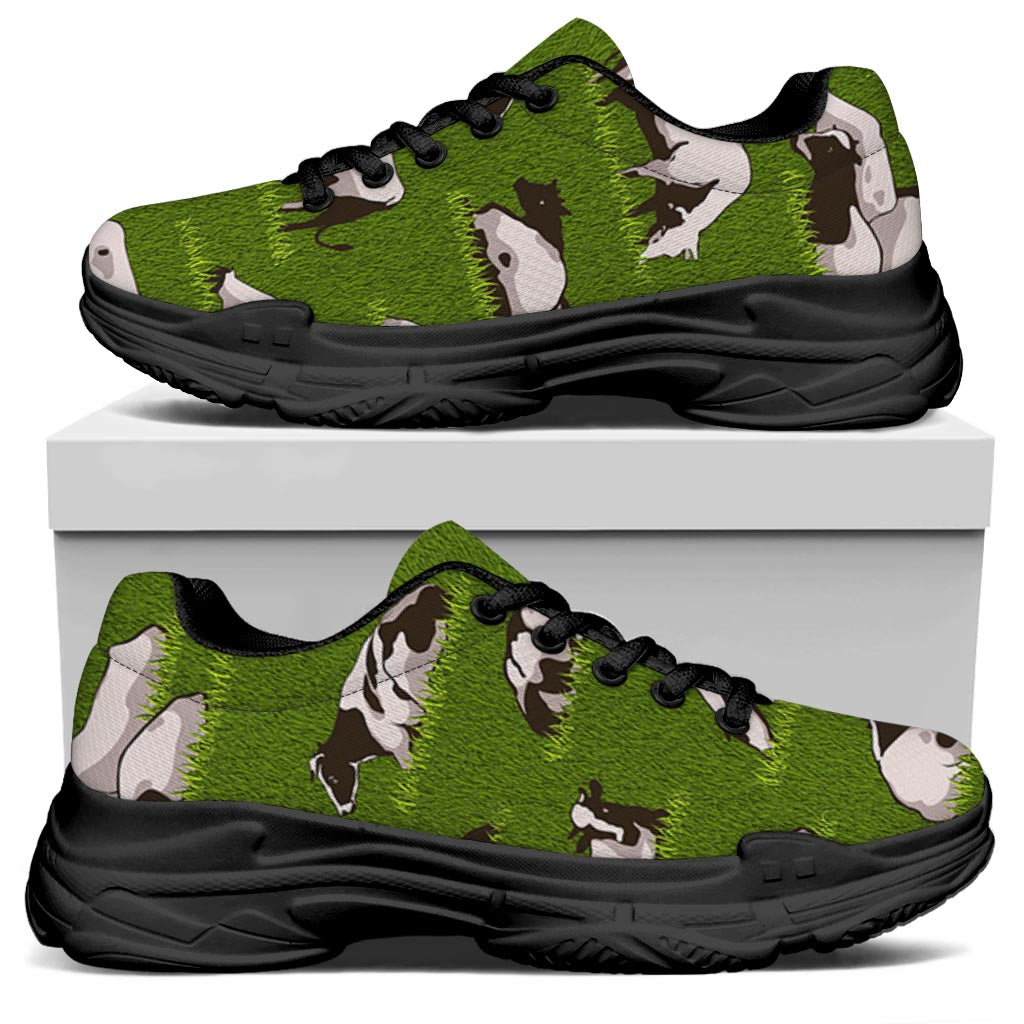 Cow On Green Grass Pattern Print Black Chunky Shoes