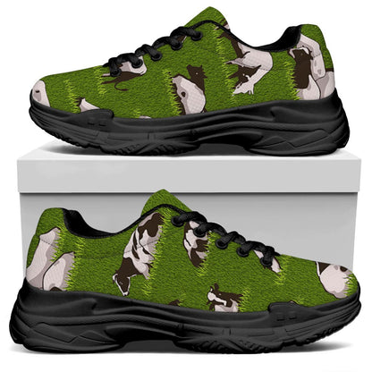 Cow On Green Grass Pattern Print Black Chunky Shoes