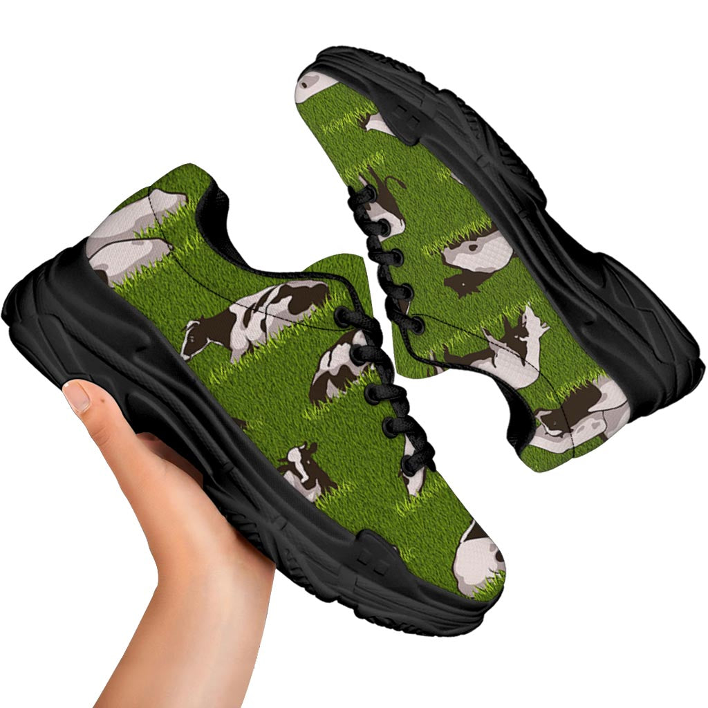 Cow On Green Grass Pattern Print Black Chunky Shoes