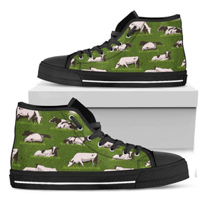 Cow On Green Grass Pattern Print Black High Top Sneakers