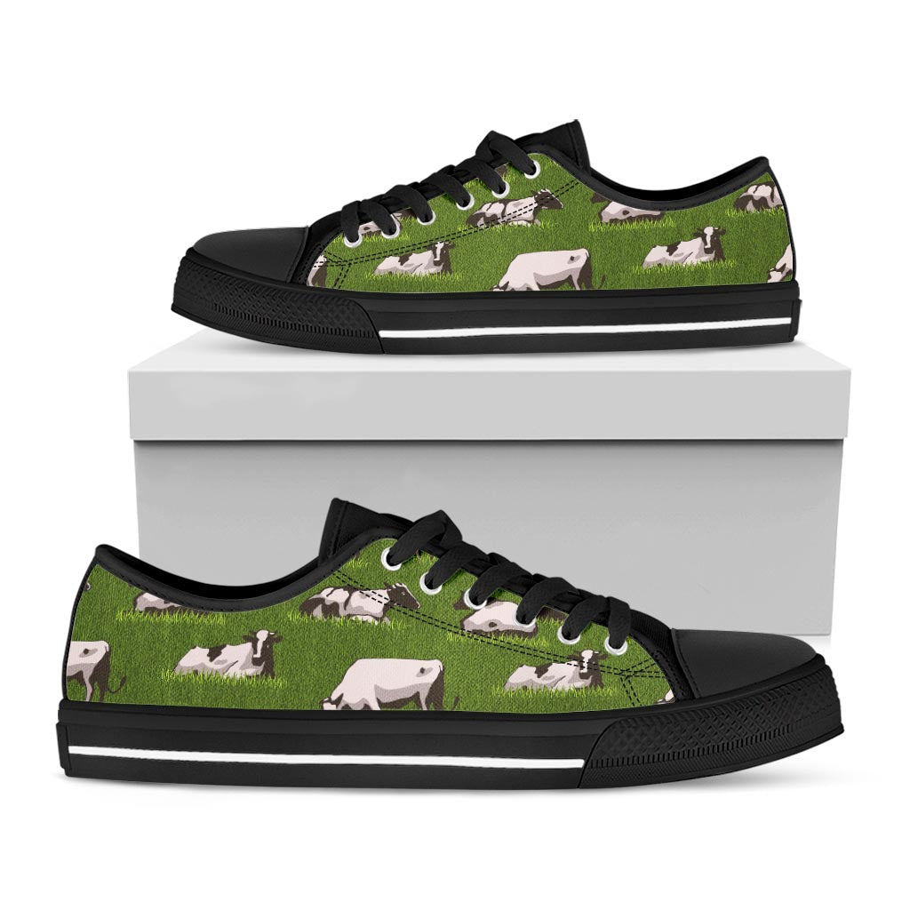 Cow On Green Grass Pattern Print Black Low Top Sneakers