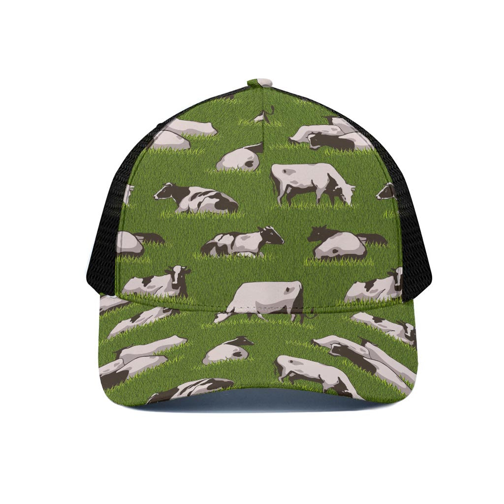 Cow On Green Grass Pattern Print Black Mesh Trucker Cap