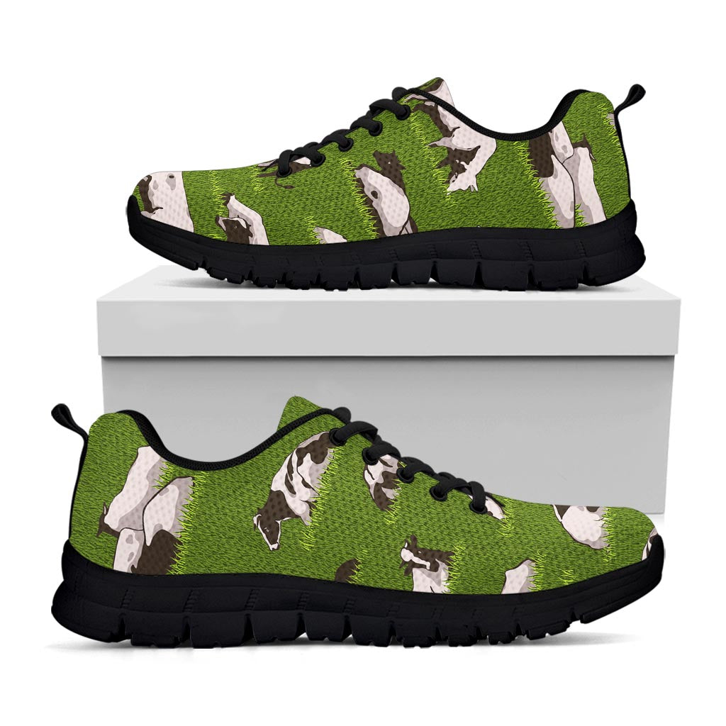 Cow On Green Grass Pattern Print Black Running Shoes