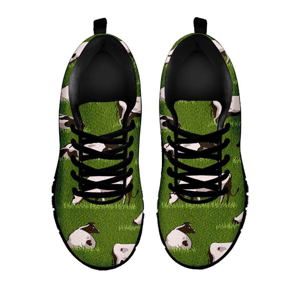 Cow On Green Grass Pattern Print Black Running Shoes