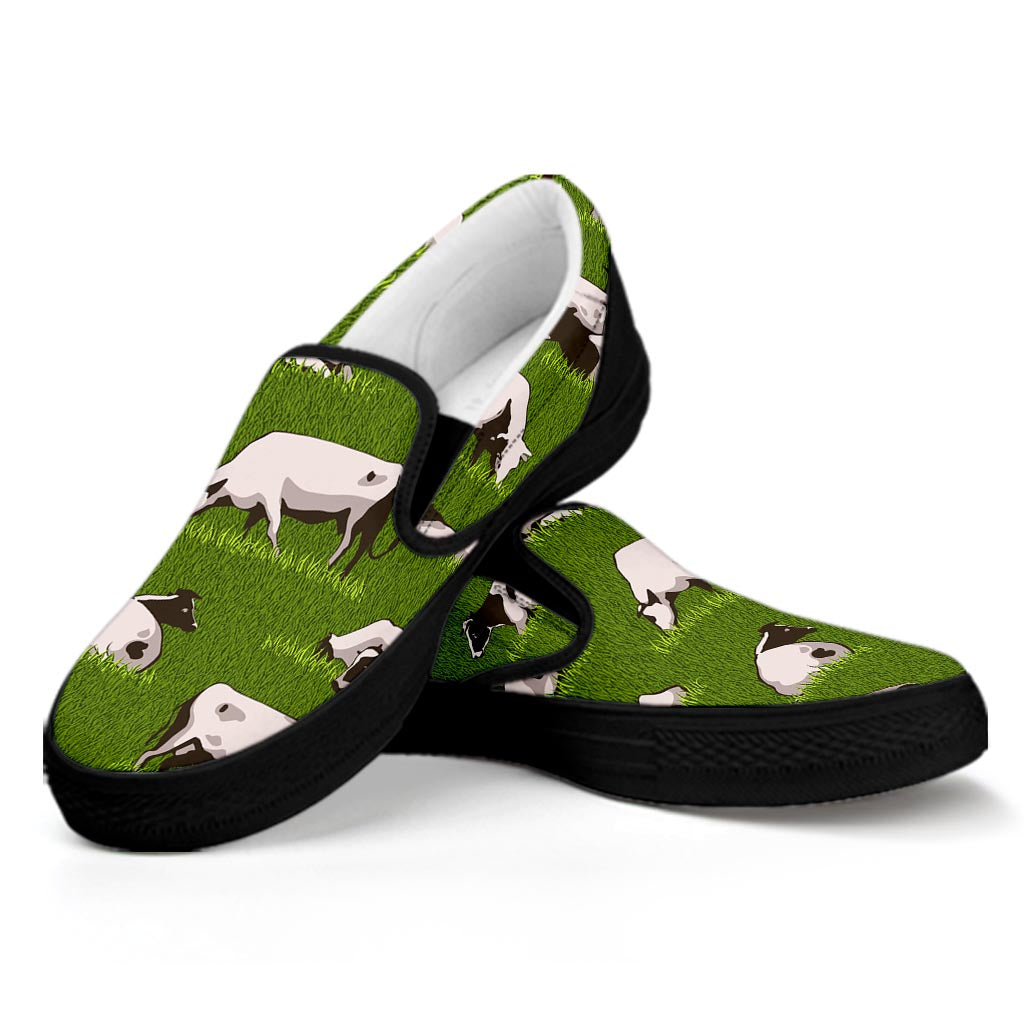 Cow On Green Grass Pattern Print Black Slip On Sneakers