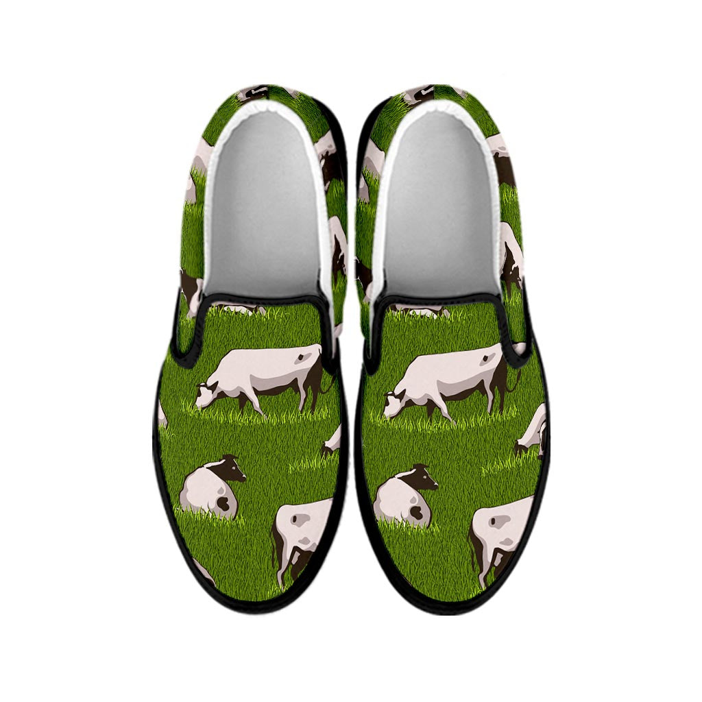 Cow On Green Grass Pattern Print Black Slip On Sneakers