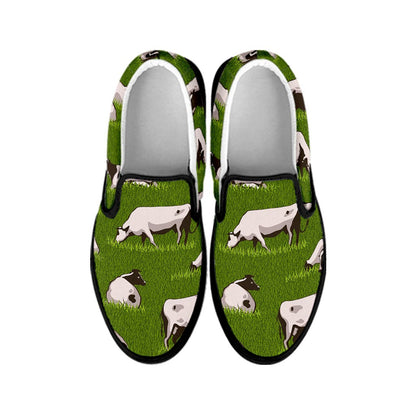 Cow On Green Grass Pattern Print Black Slip On Sneakers